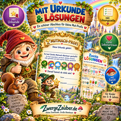 Zwickis Mutmach-Abenteuer mit Mutmach-Profi-Urkunde und Lösungsseite als PDF-Beschäftigung für Kinder von 5 bis 9 Jahren